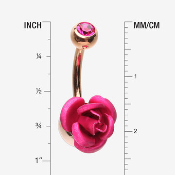 Detail View 1 of Rose Gold Bright Metal Rose Blossom Belly Button Ring-Fuchsia